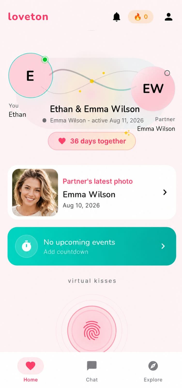 Synthetic demo Loveton home screen showing a couple dashboard, partner photo, countdown area, and virtual kiss control.