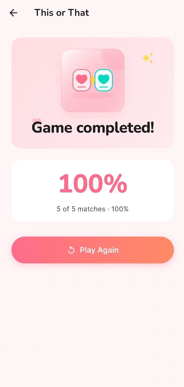 Synthetic demo game result screen showing a completed This or That game.