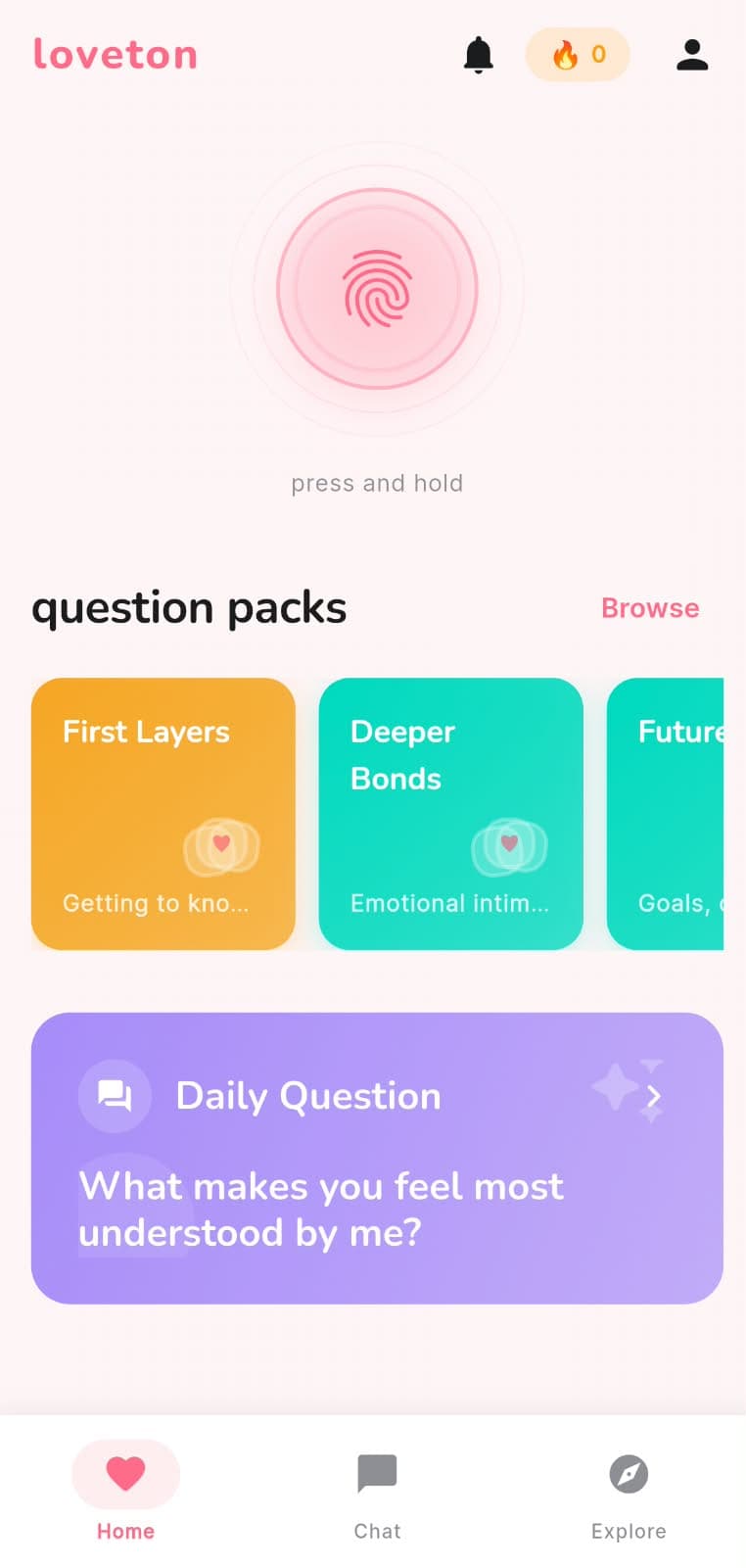 Synthetic demo Loveton home screen showing question packs, a daily question card, and the virtual kiss control.
